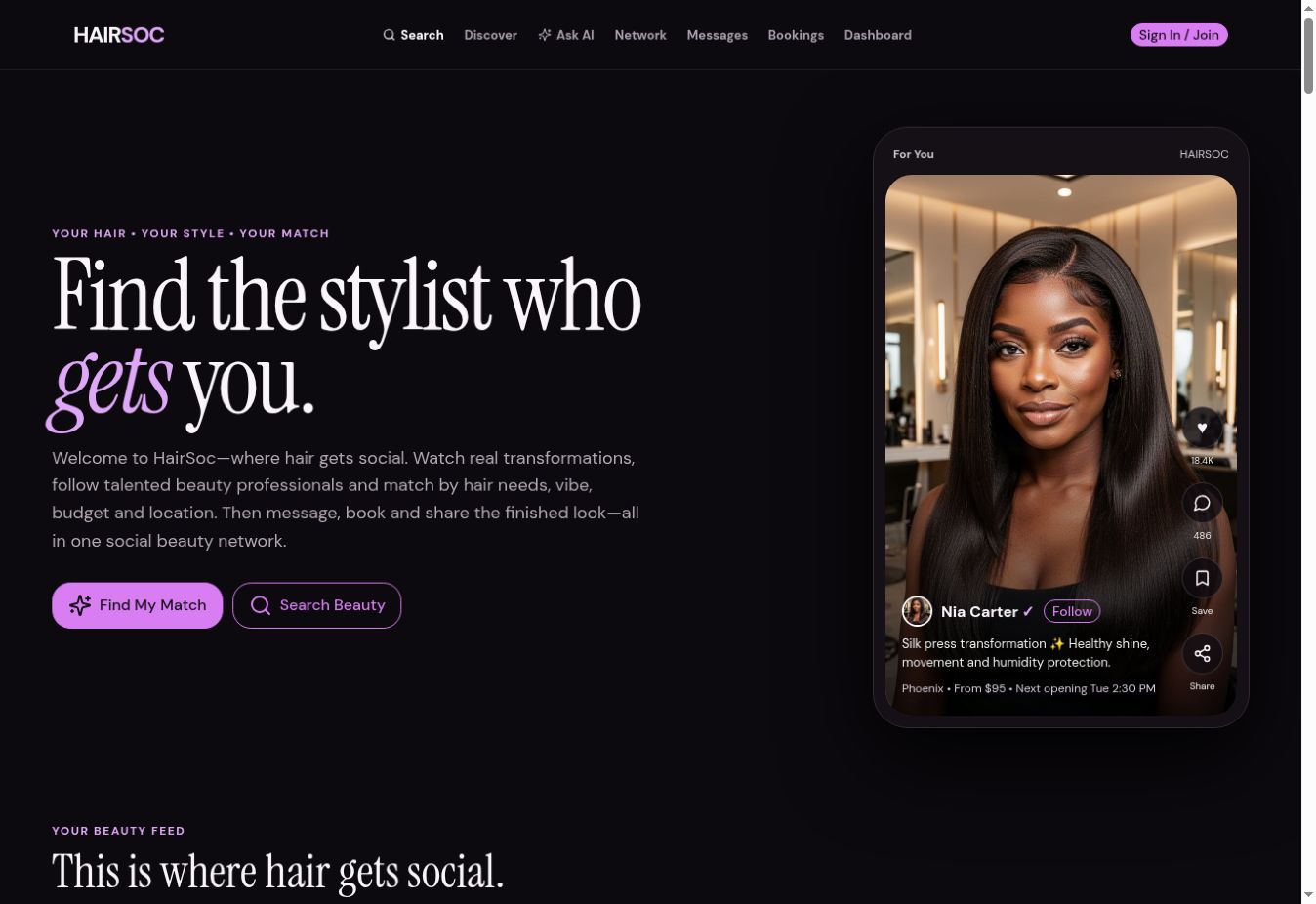 HairSoc private beta front screen — captured product preview